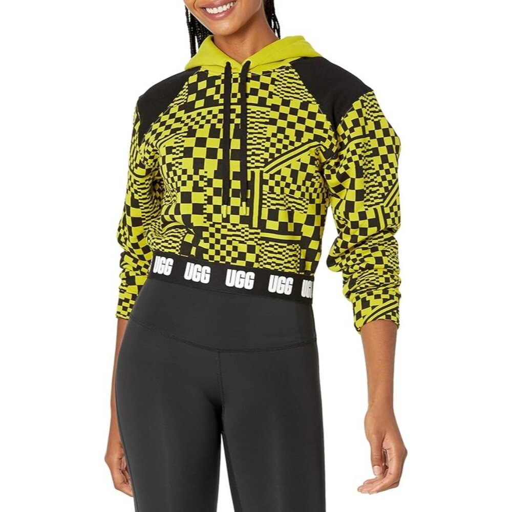 UGG Women's Yellow  Black Mallory Cropped Hoodie Checks Size Medium 3052 - Picture 2 of 12